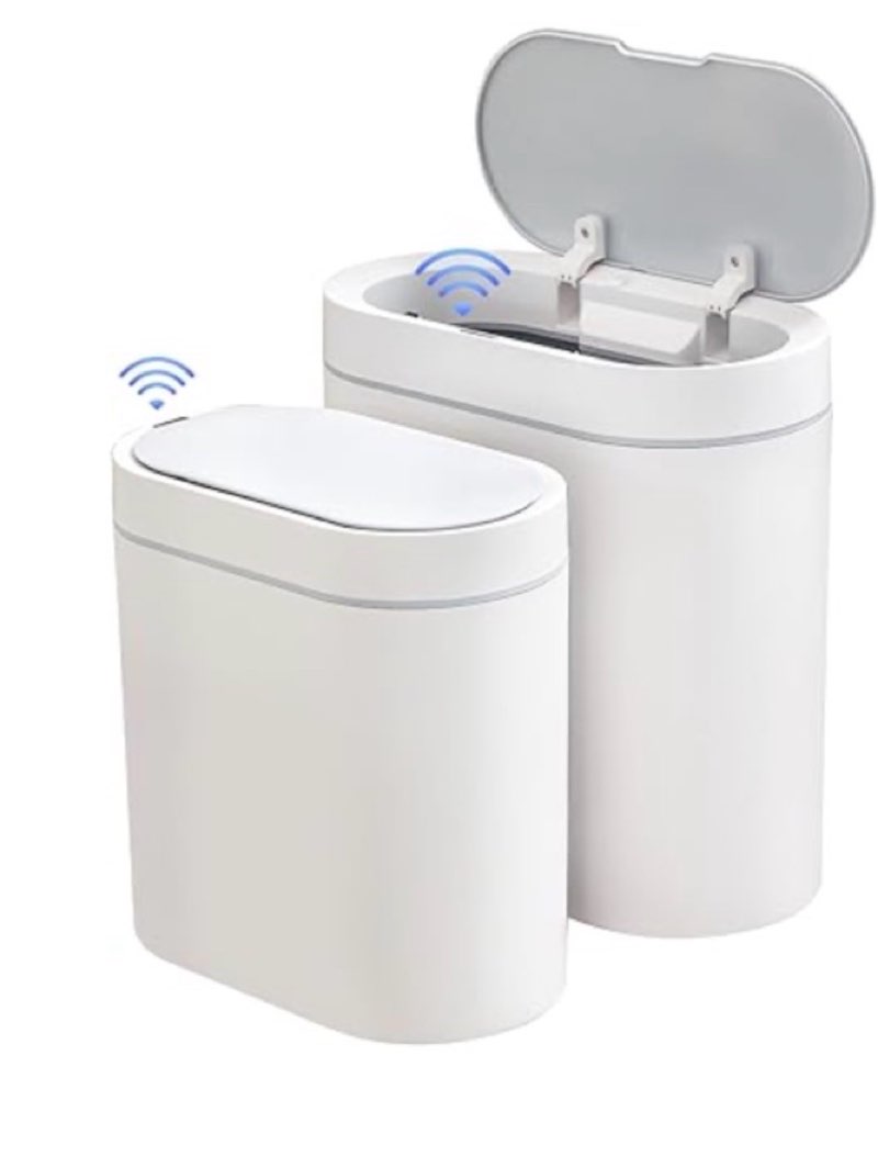 elpheco 2 pack bathroom motion sensor trash can 2.5 gallon + 2 gallon automatic garbage can bathroom decor, slim plastic smart trash bin with lid, garbage can for kitchen, office, white, 2 pack