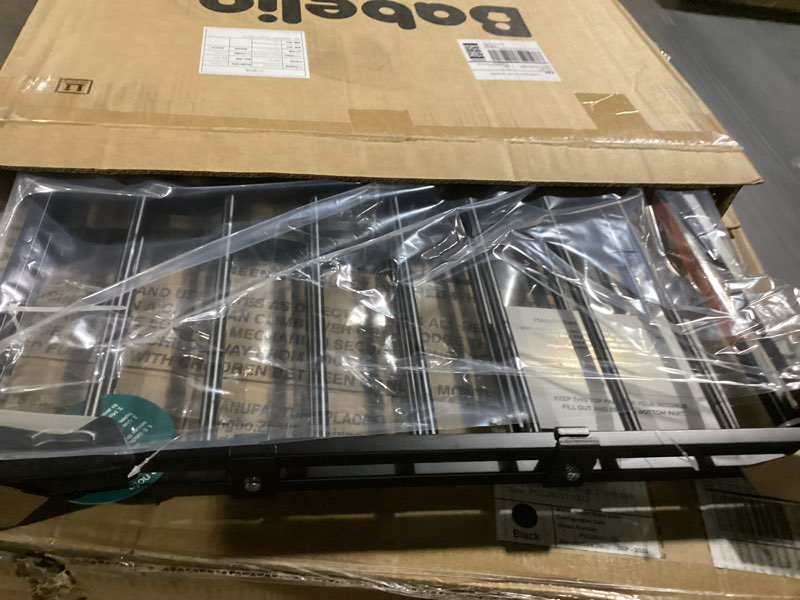 Condition photo showing New/Like New for babelio baby gate for stairs, kitchen & doorways, no bottom bar| one-handed operation| auto-close| hardware mount (drill needed) safety dog/pet gate (black - b17, 26-43" w, 28" h)
