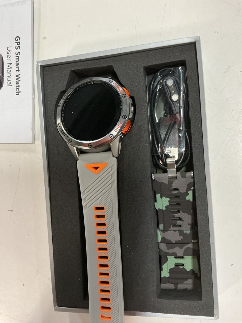 Condition photo showing As Is for military smart watches built-in gps, 170+ sport modes for men with flashlight, smartwatch for android phones and iphone, 1.43" amoled screen bluetooth call compass altimeter (sivler & camo (2 bands))