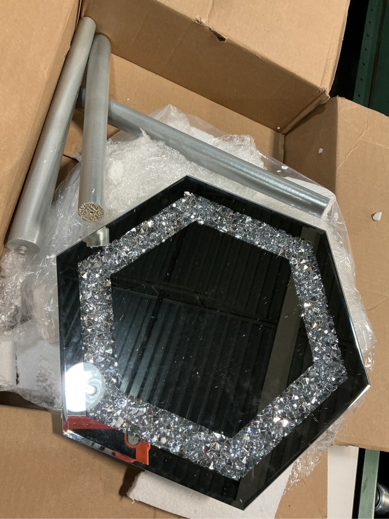 Condition photo showing As Is for Weysat 3 Pcs Mirrored End Table with Glass Coaster Modern Silver Accent Table Bling Mirror Side Desk Crushed Crystal Coasters Crushed Diamond Cup Mat for Living Room Kitchen (Hexagonal) 3 Hexagonal