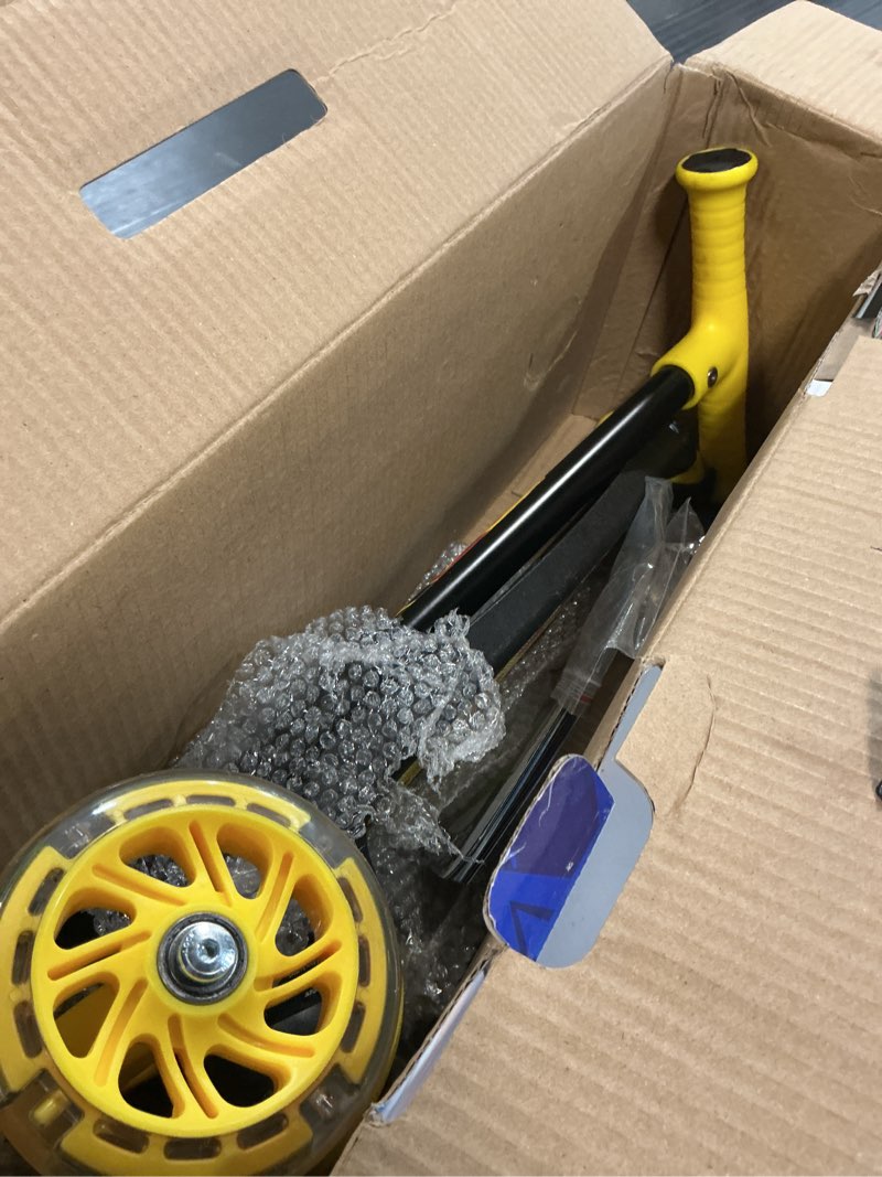 Condition photo showing As Is for 3 wheel scooter for kids, smooth light up led front wheels, wide anti slip deck, rear foot brake, easy lean to steer maneuvering, indoor & outdoor ride on toys for ages 2 up, fire theme