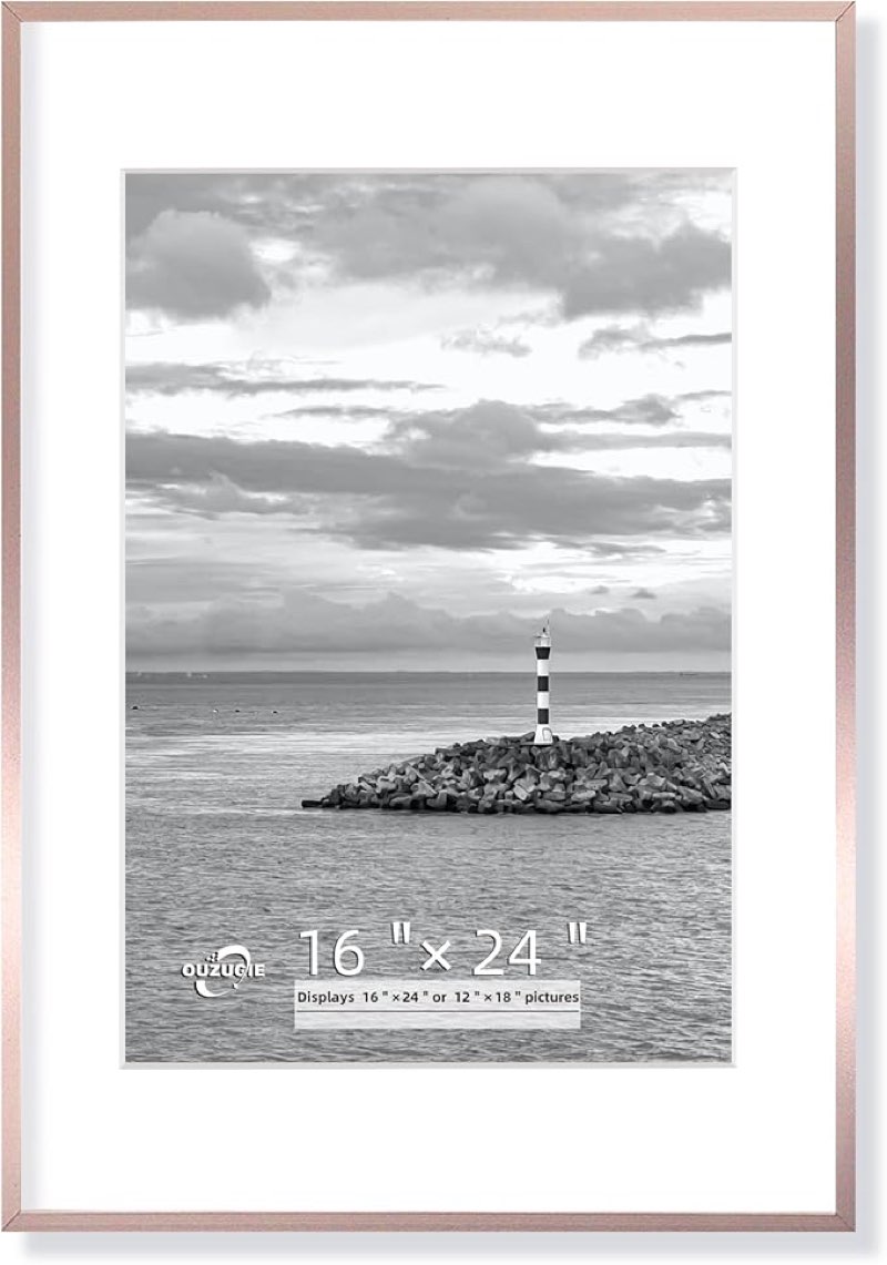 OUZUGIE 16X24 Picture Frame,Display Poster 12X18 With Mat or 16X24 Without Mat,Walnut Aluminum Poster Frames with Premium Acrylic,Photo Frames with Strong Corner for Gallery Wall and Tabletop