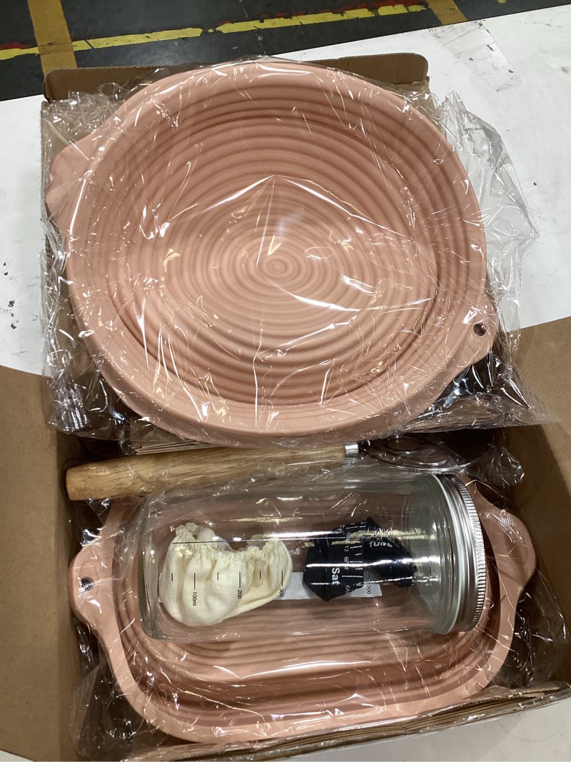 Condition photo showing Good Condition for sourdough starter kit, 24pcs sourdough bread baking supplies, 9"round & 11"oval banneton bread proofing basket, bread sling, starter jar, whisk, scrapers, bread lame, bag, sour dough making tools kit