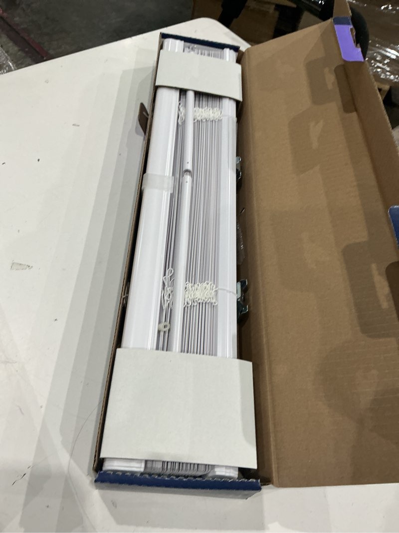 Condition photo showing As Is for levolor trim+go 1-in slat width 23-in x 64-in cordless white vinyl room darkening mini-blinds