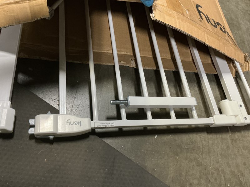 Condition photo showing As Is for keny 29"-42.5" baby gate for stairs, auto close safety dog gate, pressure mounted easy walk through pet gate for doorways, durable stair gate, 30" tall, white