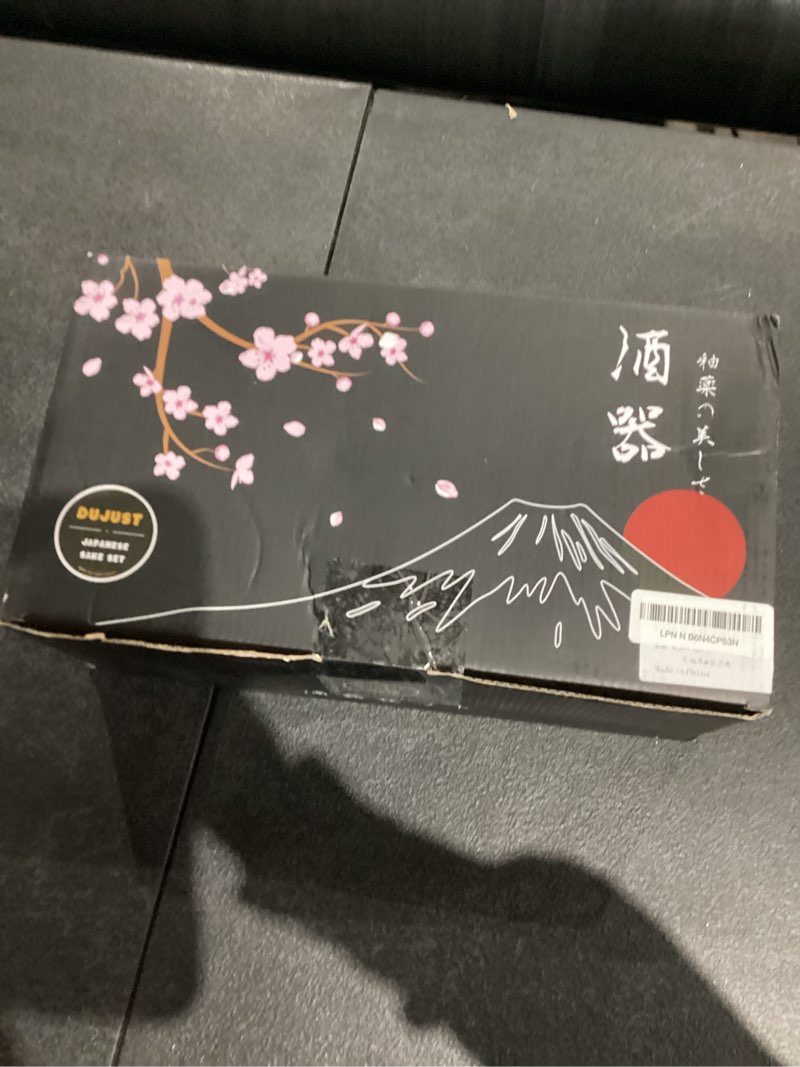 Condition photo showing New/Like New for DUJUST 10 pcs Japanese Sake Set with Warmer for 6, Sakura & Fuji Design Porcelain Sake Set, 6 Sake Cups, 1 Bottle, 1 Warmer, 1 Candle Stove, 1 Tray & 1 Box, Warm Sake Carafe, Japanese Gifts - Black Sake Set With Warmer - Black