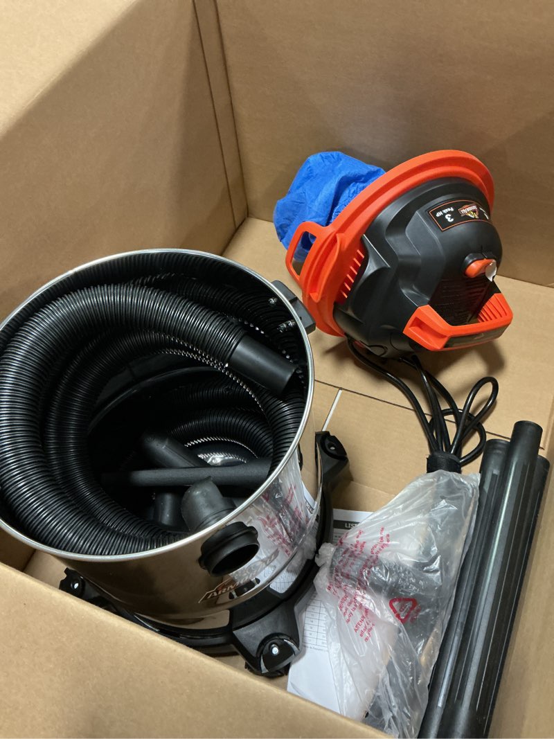 Condition photo showing As Is for Armor All VO408S 0901 4 Gallon 3 Peak HP Stainless Steel Wet/Dry Vacuum, Orange 4-Gal