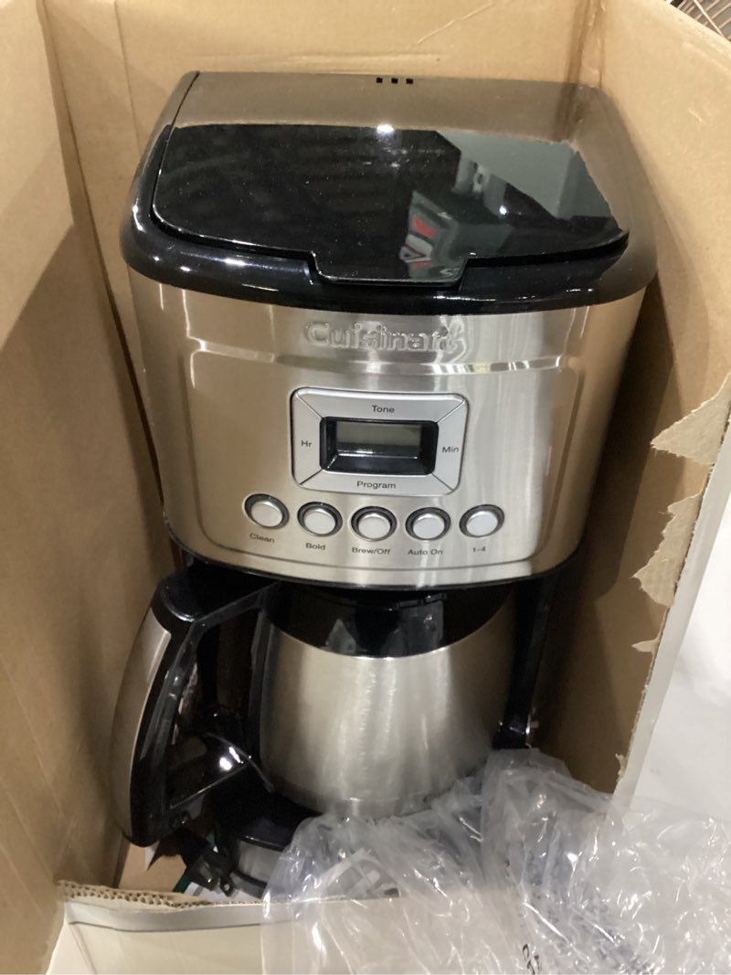 Condition photo showing As Is for cuisinart 12-cup coffee maker, programmable perfectemp thermal carafe coffee machine with 1-4 cup setting, brew strength control and brew pause, stainless steel, dcc-3400nas, silver, not tested, incomplete