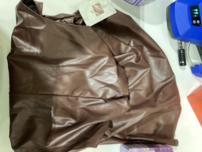 Condition photo showing Good Condition for shenhe women's mock neck pu leather pleated asymmetrical sleeveless fitted dressy tank top x-large coffee brown