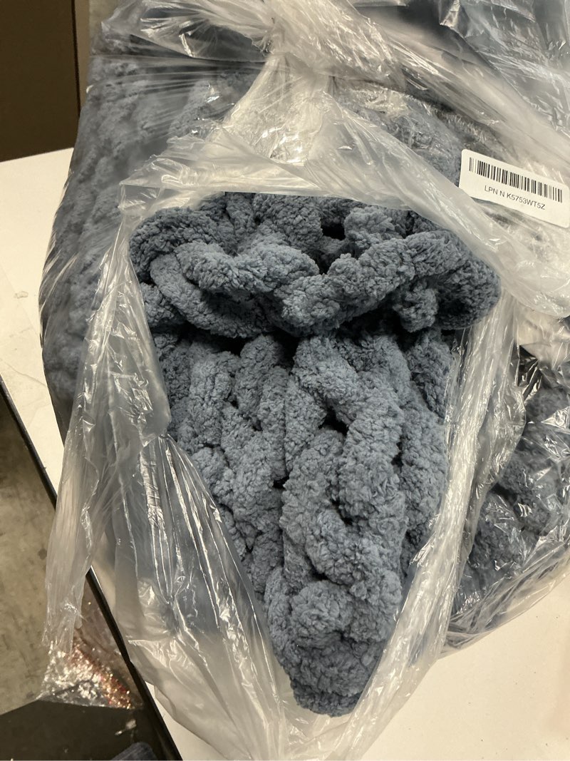 Condition photo showing As Is for Bigacogo Chunky Knit Throw Blanket for Couch, 51x63 inches, 100% Hand Knitted with Thick Jumbo Chenille Yarn, Cozy Soft Large Rope Knot Cable Crochet Blankets for Sofa Bed Living Room, Cold Sea Blue Cold Sea Blue 51"x63" (Large Size Throw?