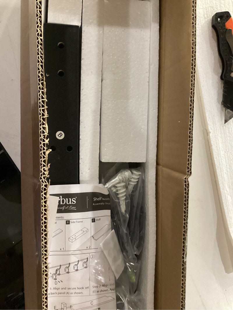 Condition photo showing New/Like New for Sorbus Coat Hooks Wall Mount with Shelf – 24 Inch Coat Rack Wall Mount with 5 Heavy Duty Hooks – Floating Wall Shelf with Hooks for Entryway, Bathroom, Bedroom, Kitchen, or Mudroom (Black) Black 24 Inch