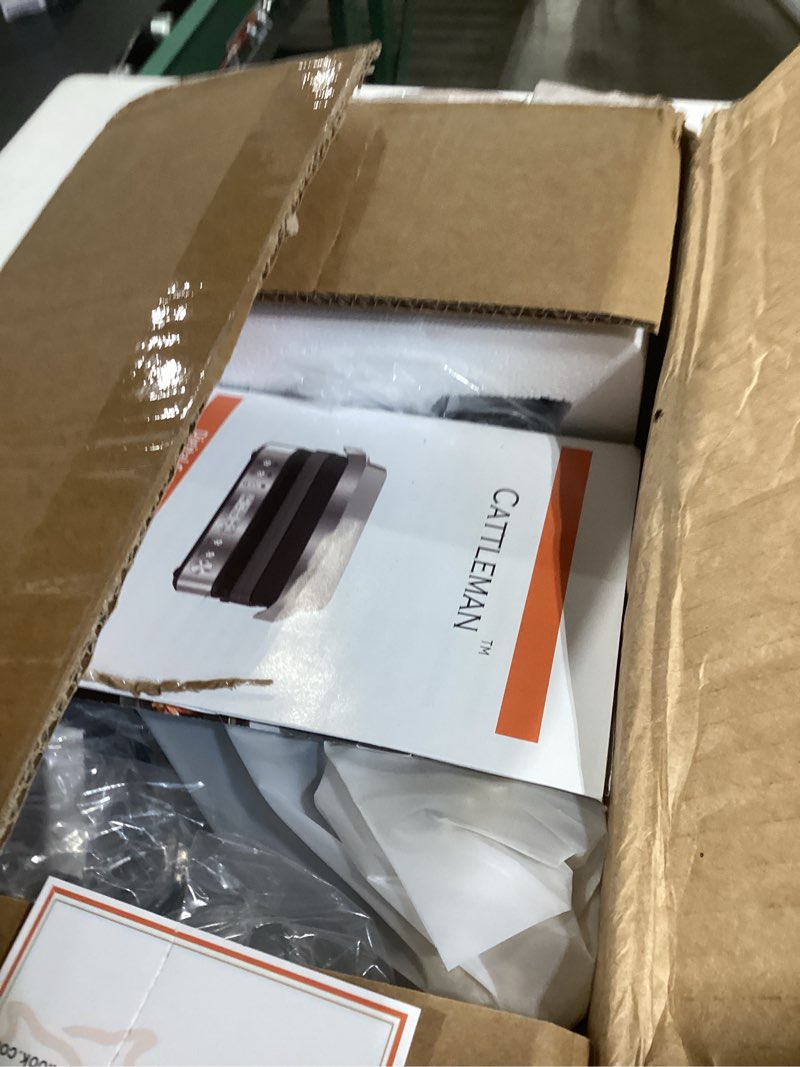 Condition photo showing New/Like New for cattleman panini grill press sandwich maker with removable plates, 1600w, 5 in 1 smokeless indoor grill & griddle with meat thermometer, pfas free ceramic nonstick reversible plates, opens flat black with reversible plates