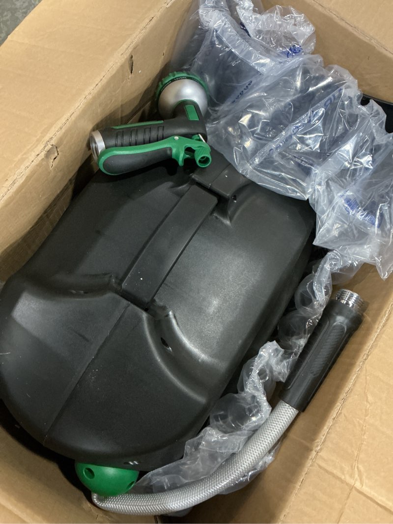 Condition photo showing As Is for retractable garden hose reel - 5/8 in x 100 ft automatic wall mount heavy duty automatic water hose reel with 9 patterns nozzle, kink-resistant hose, 180° swivel, auto-lock for outdoor watering 5/8inch x 100ft