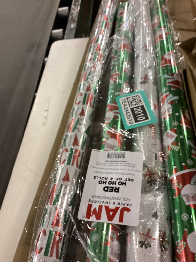 Condition photo showing New/Like New for JAM Paper Assorted Gift Wrap - Christmas Foil Wrapping Paper - 100 Sq Ft Total - Snowman & Santa Set - 3=Rolls/Pack Red Hohoho Santa Set 3 Count (Pack of 1)