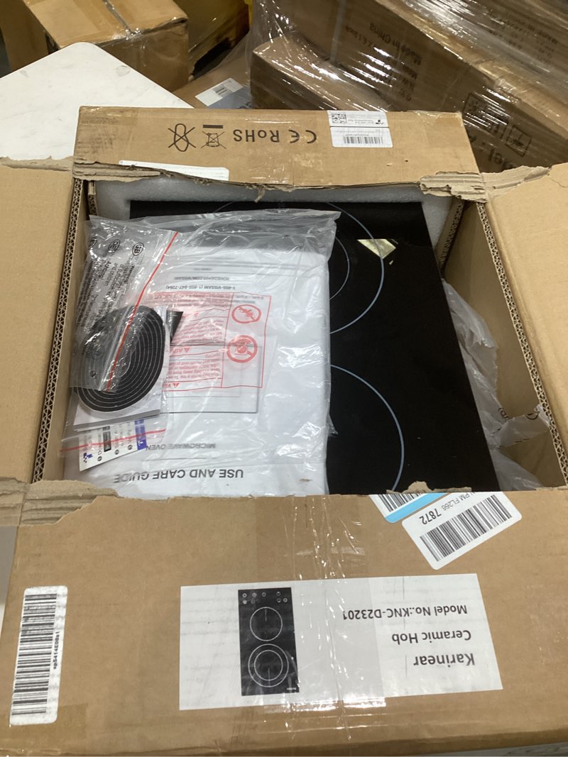 Condition photo showing Good Condition for karinear 2 burner electric cooktop 12 inch, drop-in radiant cooktop 220v - 240v with child safety lock, timer, residual heat indicator, 3200w, hard wired, no plug electric stove top black 12 inch
