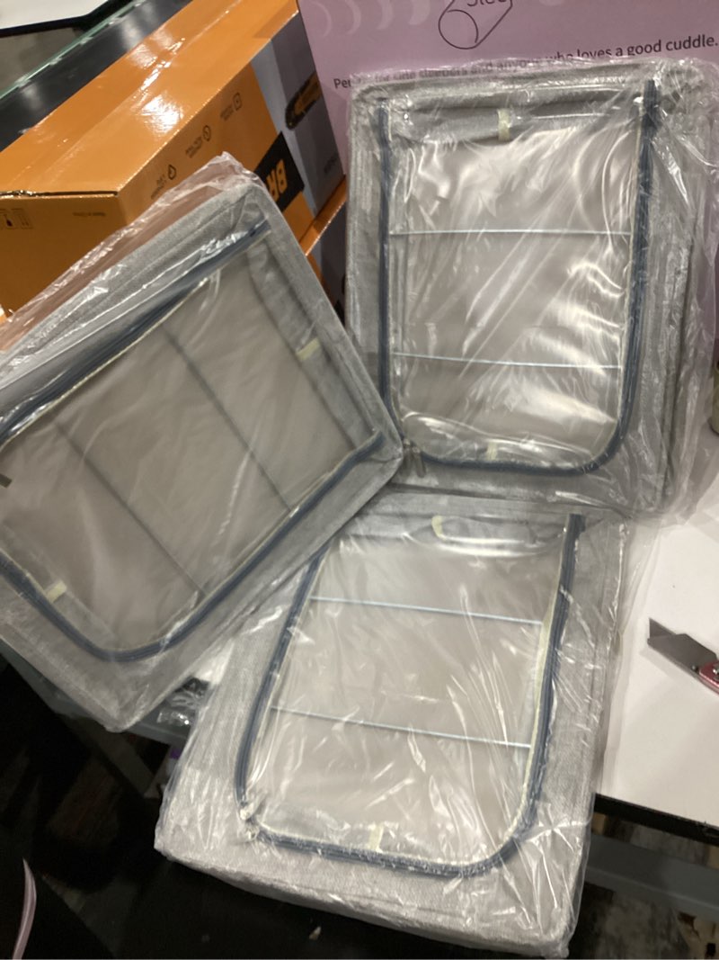 Condition photo showing New/Like New for under bed storage bins with metal frame, linen fabric frame storage box clothes organizer bins, underbed container with clear window (light grey, 15.7 x 13 x 6in) light grey 15.7 x 13 x 6in