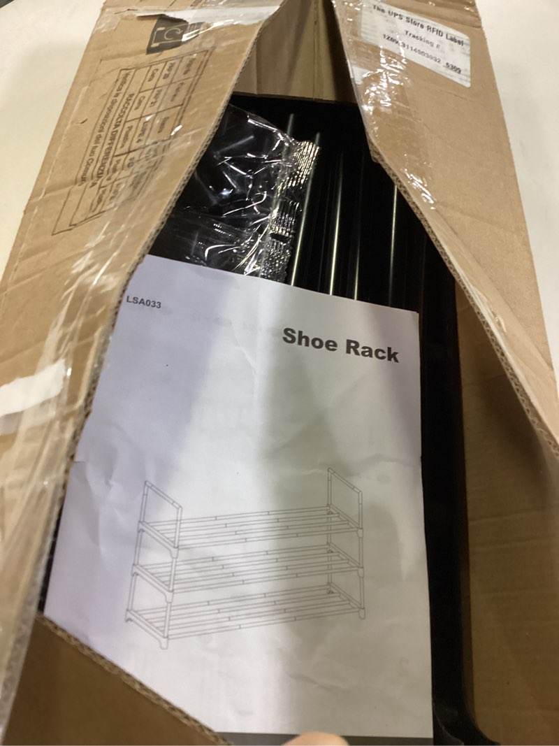 Condition photo showing As Is for SONGMICS Shoe Rack, 3-Tier Shoe Organizer, Metal Storage Shelf, Upright or Upside Down, for 20-24 Pairs, Stackable, for Entryway, 11.8 x 46.1 x 21.7 Inches, Black ULSA033B01 Black 3 Tiers (46.1"W)