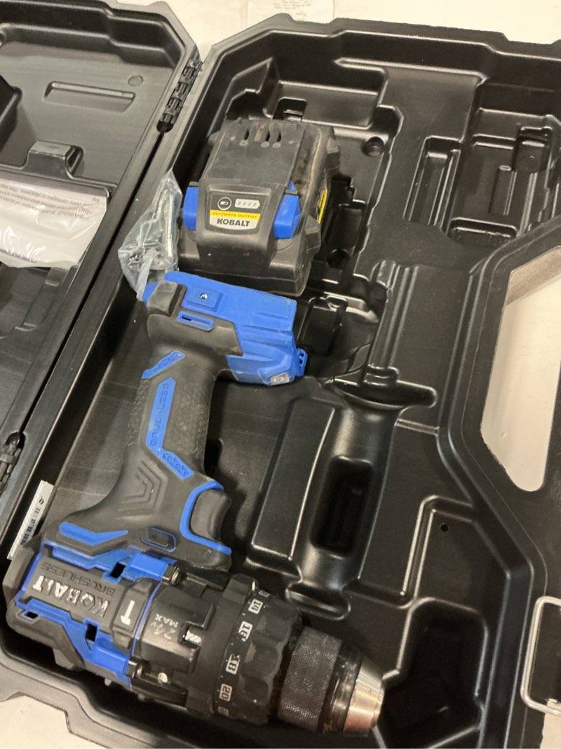Condition photo showing As Is for week kobalt xtr 1/2-in 24-volt variable speed brushless cordless hammer drill ( 1 -batteries