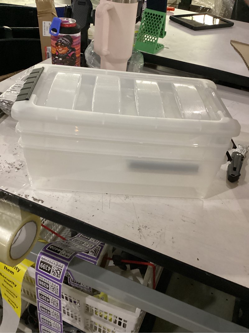 Condition photo showing As Is for clear plastic storage containerwith latching lid stackable set of 3