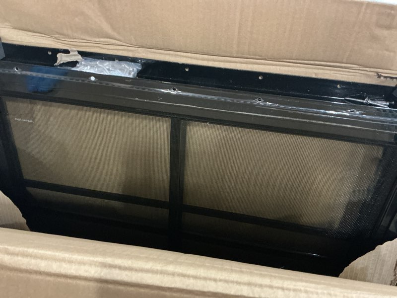 Condition photo showing As Is for 24" x 36" black shed windows 2 pack,small windows with tempered glass - flush mount | ultimate choice for chicken coop, greenhouse, garage, playhouse 24” w x 36” h