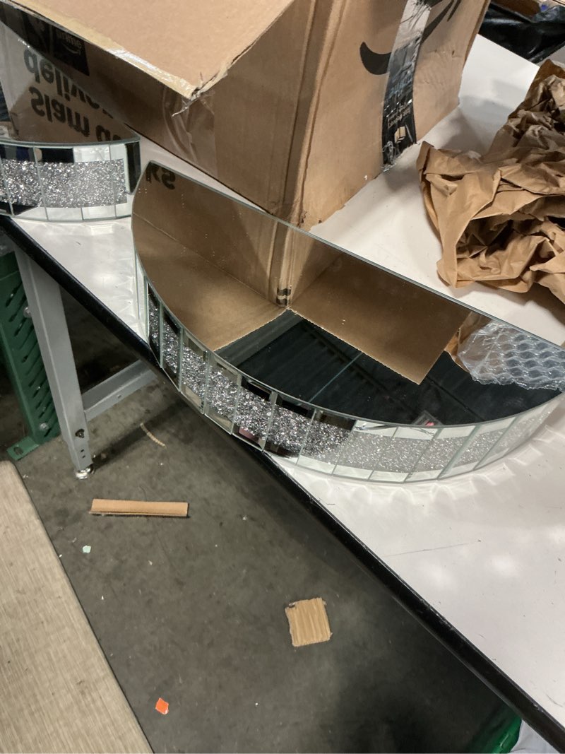 Condition photo showing Good Condition for qunclay 2 pieces mirrored floating conner shelf silver mirror crushed diamond decorative wall shelf triangle corner crystal glass art decor for bedroom, bathroom or living room, 15 x 6 x 3.2 inch