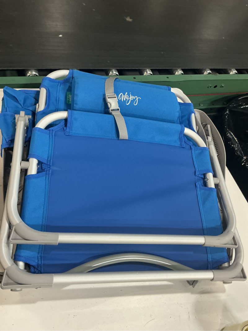 Condition photo showing As Is for #wejoy beach chair for adults, reclining adjustable position, lay flat lightweight folding portable aluminum chair with backpack straps,padded headrest, heavy duty 400 lbs lawn chair for beach, sand #c 1 pack blue classic 4 position