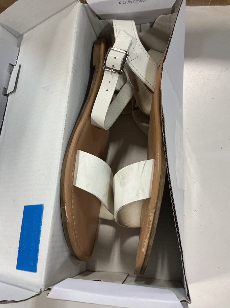 Condition photo showing As Is for dream pairs women's flat sandals | open toe adjustable strap with elastic, non-slip, cushioned, lightweight summer dress sandals shoes 7 white-pu