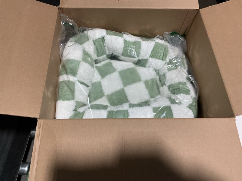 Condition photo showing Good Condition for checkered cat dog bed, cute sage green retro style aesthetic round warming pet calming beds for small dog and cats, plush cozy donut beds washable, 23" l x 23" w x 8" th green 23"l x 23"w x 8"th