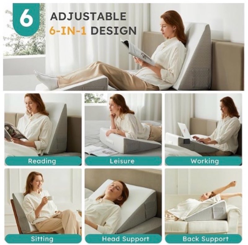 Bedluxe Wedge Pillow, 10 inch Bed Wedge Pillow for Headboard, Pillow Wedge for Acid Reflux Relief, Sleeping, Back Pain Relief, Snoring, Triangle Pillow Wedge - Cooling Memory Foam Top, White/Grey