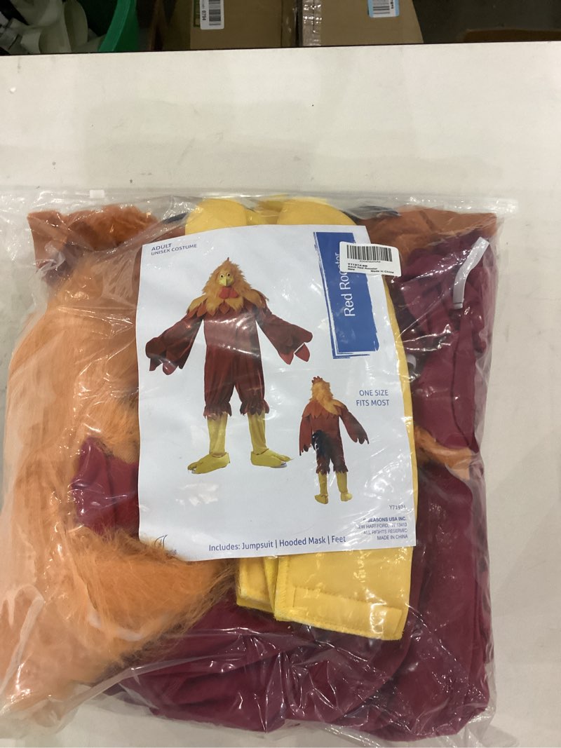 Condition photo showing New/Like New for Seasons Deluxe Rooster Costume Adult, Funny Chicken Costume for Halloween Party, Red, One Size Fits Most