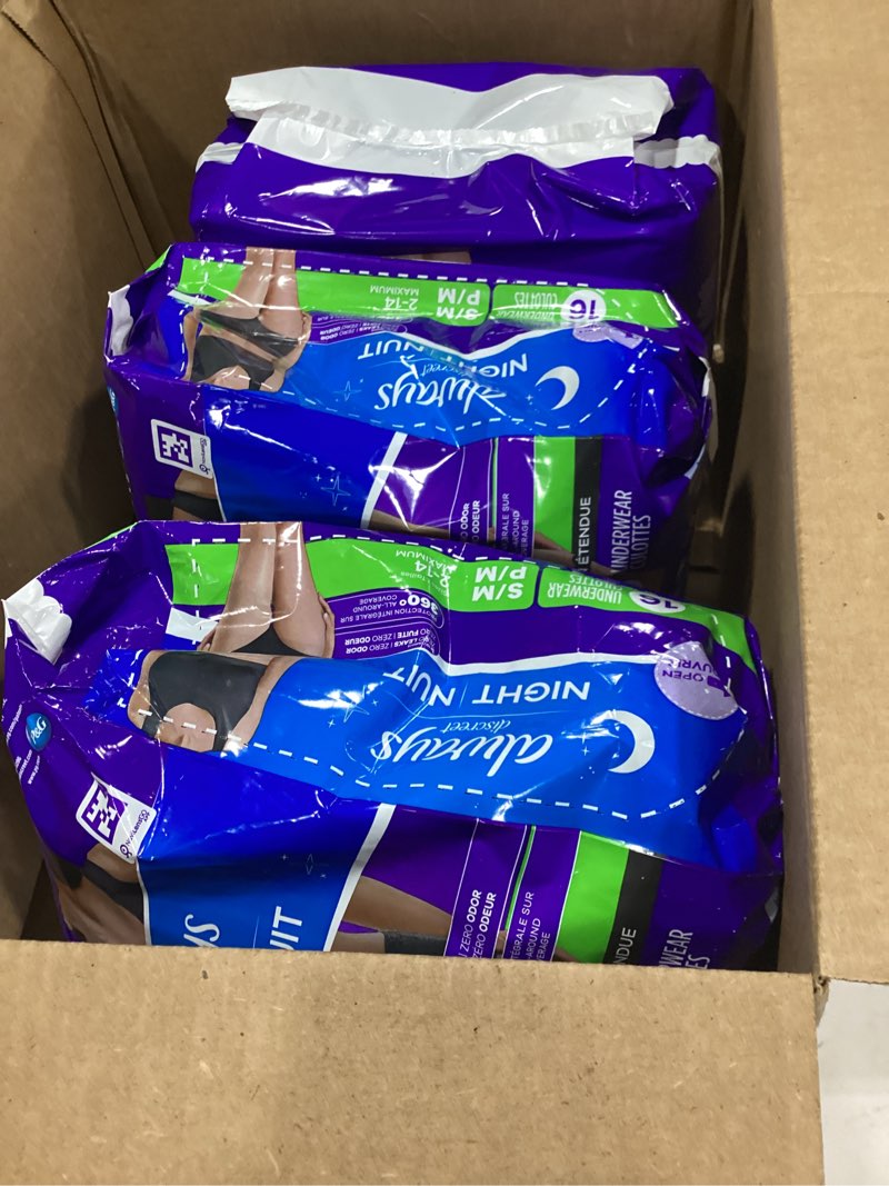 Condition photo showing Good Condition for always discreet night, reimagined adult diapers for women, extended overnight absorbency incontinence and postpartum underwear size s/m, 360 degree coverage while laying down, 48 count? small/medium 48