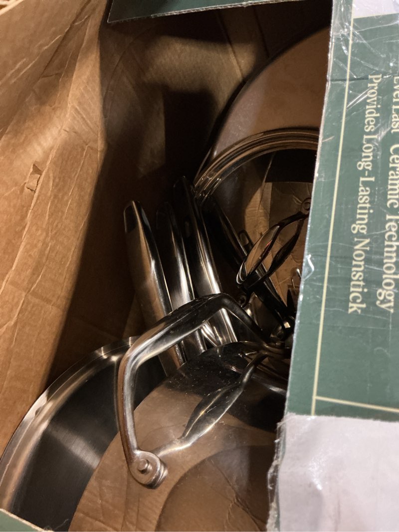 Condition photo showing As Is for anolon everlast ceramic nonstick pots and pans with lids, clad induction, includes saucepans, stockpot, saute, and frying pans, 11 piece cookware set - stainless steel
