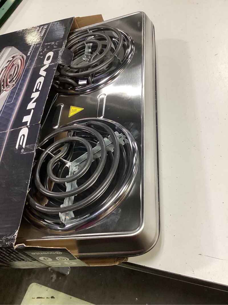 Condition photo showing Good Condition for ovente electric countertop double burner, 1700w cooktop with 6" and 5.75" stainless steel coil hot plates, 5 level temperature control, indicator lights and easy to clean cooking stove, silver bgc102s bgc102s - silver