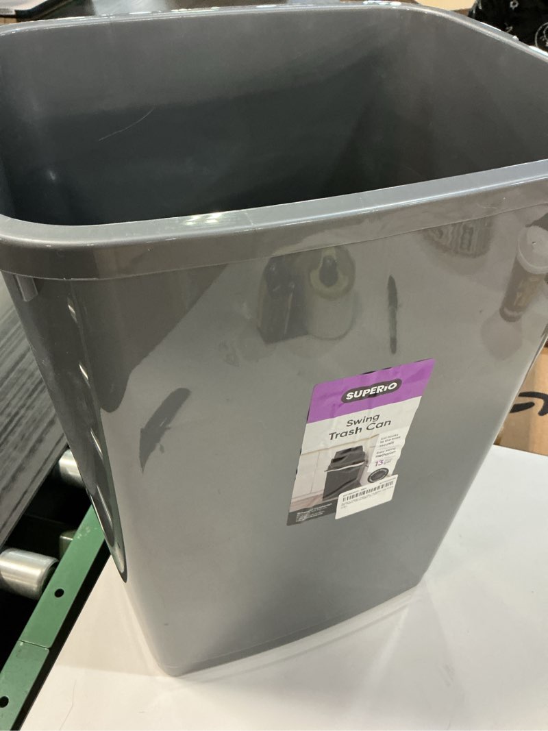 Condition photo showing Good Condition for Superio Kitchen Trash Can 13 Gallon with Swing Lid, Plastic Tall Garbage Can Outdoor and Indoor, Large 52 Qt Recycle Bin and Waste Basket for Home, Office, Garage, Patio, Restaraunt (Grey/Black) 1 13 Gallon
