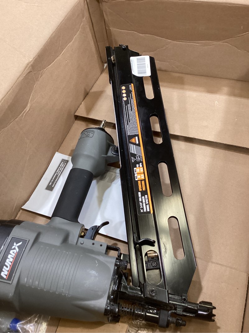 Condition photo showing As Is for numax sfr2190wn pneumatic 21 degree 3-1/2" full round head framing nailer with nails (500 count) tool with 500 nails