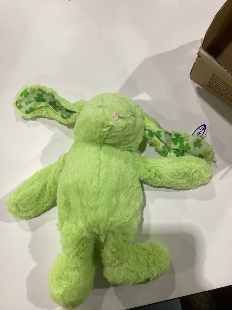 Condition photo showing Good Condition for green rabbit bunny stuffed animal plush toy with floppy ears & shamrock print for kids, boys, girls, babies - perfect, st. patrick's day, birthday, easter, christmas, bedtime gift