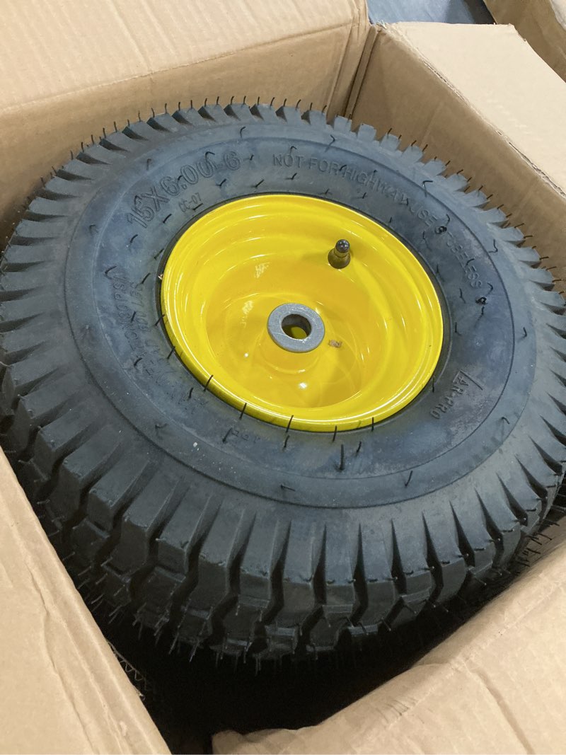 Condition photo showing Good Condition for ar-pro (2 pack) 15 x 6.00-6" tubeless tire and wheel assembly, replacement riding lawn mower front tires, compatible with john deere riding mowers and lawn tractor, 3" centered hub and 3/4" bushings 15 x 6.00-6" tubeless (centered hub) yellow