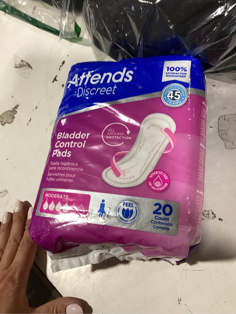 Condition photo showing New/Like New for attends discreet female incontinent pad moderate 10.5" l adpmod, moderate, 20 ct moderate absorbency 10-1/2" (20 count)