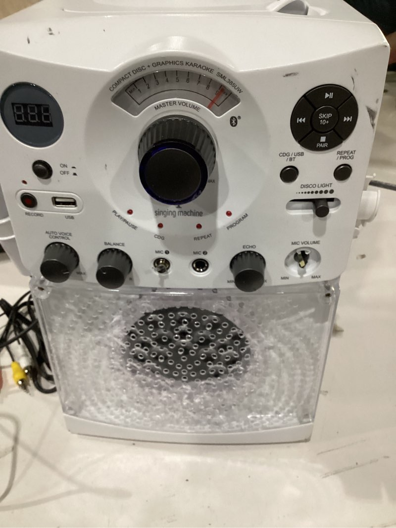 Condition photo showing As Is for Singing Machine Portable Karaoke Machine for Adults & Kids with Wired Microphone, White - Built-In Speaker, Bluetooth with LED Disco Lights - Karaoke System with CD+G Player & USB Connectivity