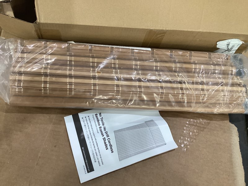 Condition photo showing New/Like New for lazblinds no tools no drill cordless bamboo roman shades, light filtering window treatment, roll up bamboo blinds for windows 35'' w x 64'' h, brown light filtering-brown206 35" w x 64" h