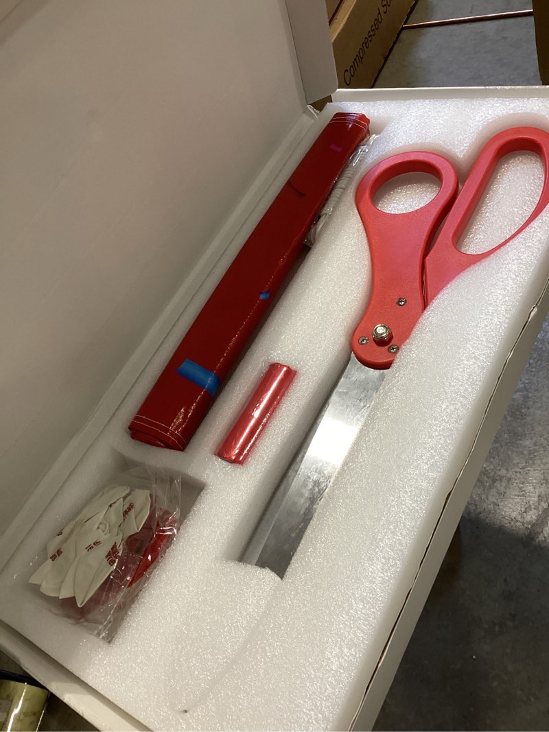 Condition photo showing As Is for sircles grand opening ribbon cutting ceremony kit - 25" giant scissors, 5yd of 4" wide ribbon, 10ft banner, 8 red & 8 white balloons, 19 ft banner rope, 2 rolls balloon ribbon - grand opening kit