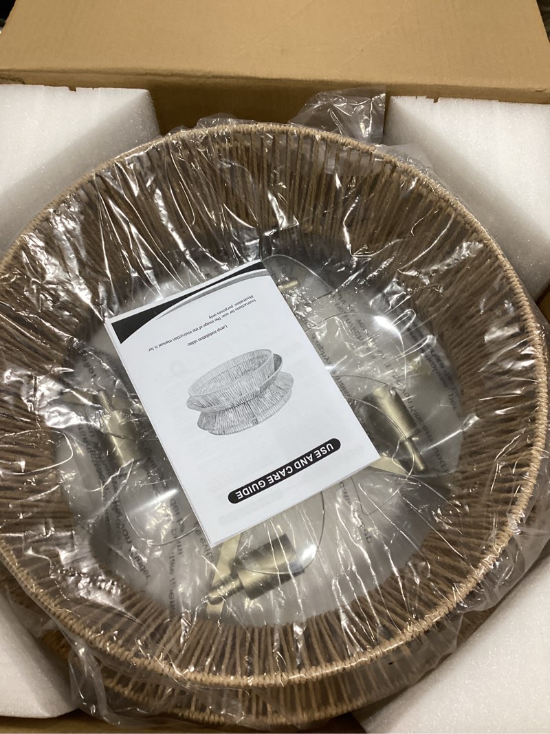 Condition photo showing Good Condition for Boho Ceiling Fan with Light, 20'' Coastal Caged Ceiling Fans with Lights and Remote Control, Rattan Flush Mount Fandelier with Reversible 6 Speeds, Low Profile for Bedroom Living Room Dining Room 4-Layered Rattan