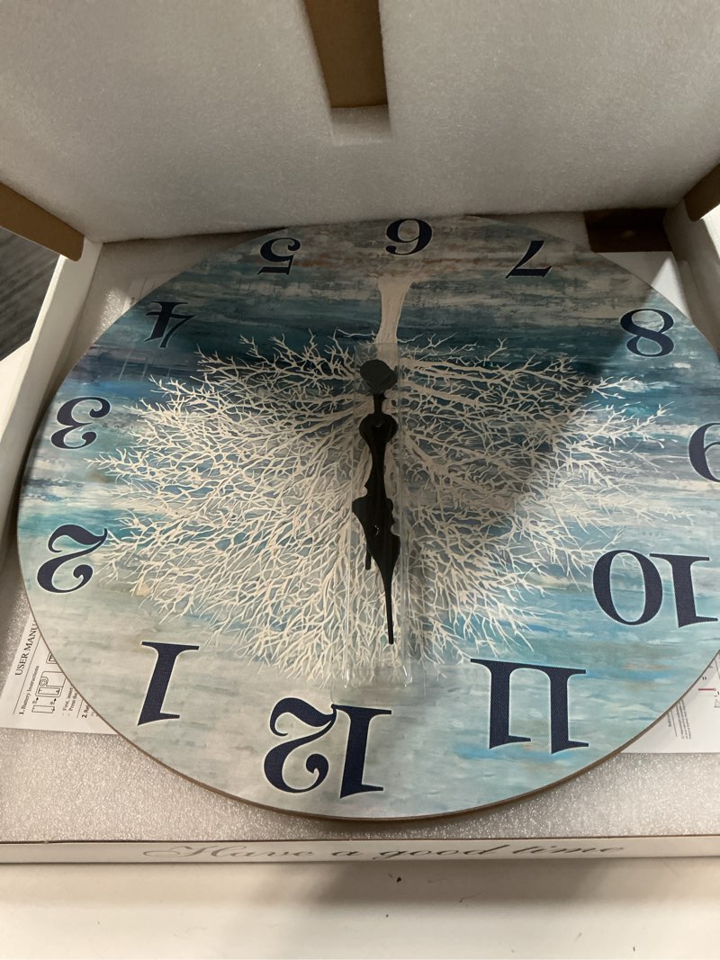 Condition photo showing Good Condition for xfm tree of life wall clock silent non-ticking wooden clocks battery operated 16 inch small country retro decorative blue round clock for bedroom decor 16 inch blue
