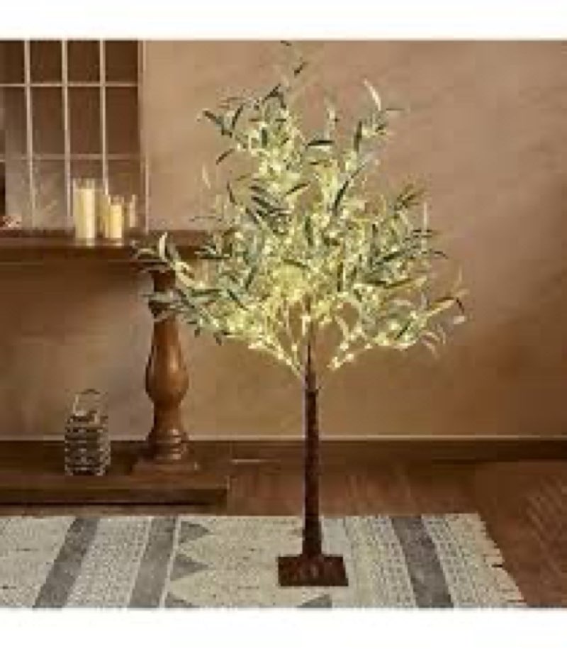 nearly natural 4-ft artificial fruiting olive tree with 150 warm white led lights, faux olive tree indoor home décor, pre-lit with lifelike fruits and sturdy base stand