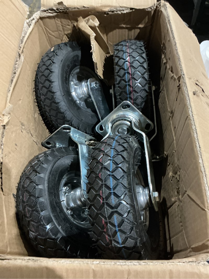 Condition photo showing Good Condition for 10 inch pneumatic casters set of 4 (2 swivel/2 rigid),heavy duty casters,tolerable 1300 lbs,rubber knobby tread for workbench, cart, trolley,wagon and shelves