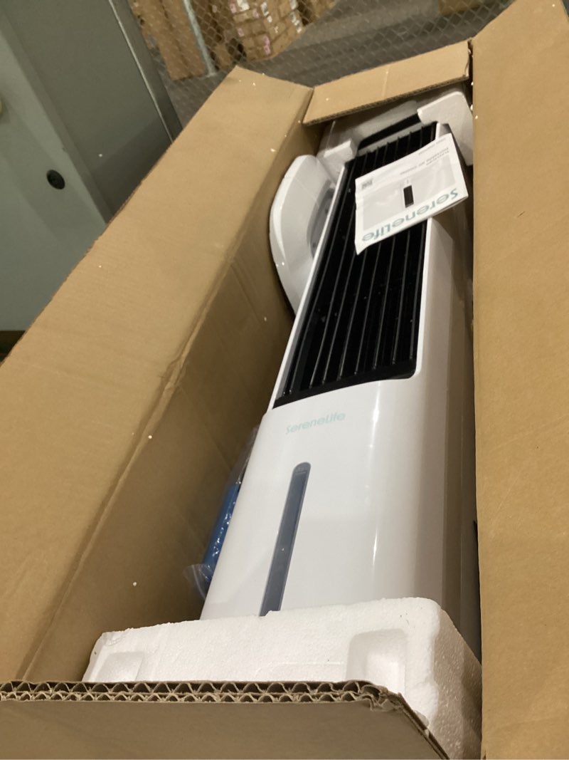 Condition photo showing Good Condition for used not tested serenelife evaporative air cooler tower with remote, 5l tank, 4 ice boxes, 3 speeds, quiet standing cooler with oscillation for home, office or bedroom, portable & energy efficient, 10” x 13” x 39”