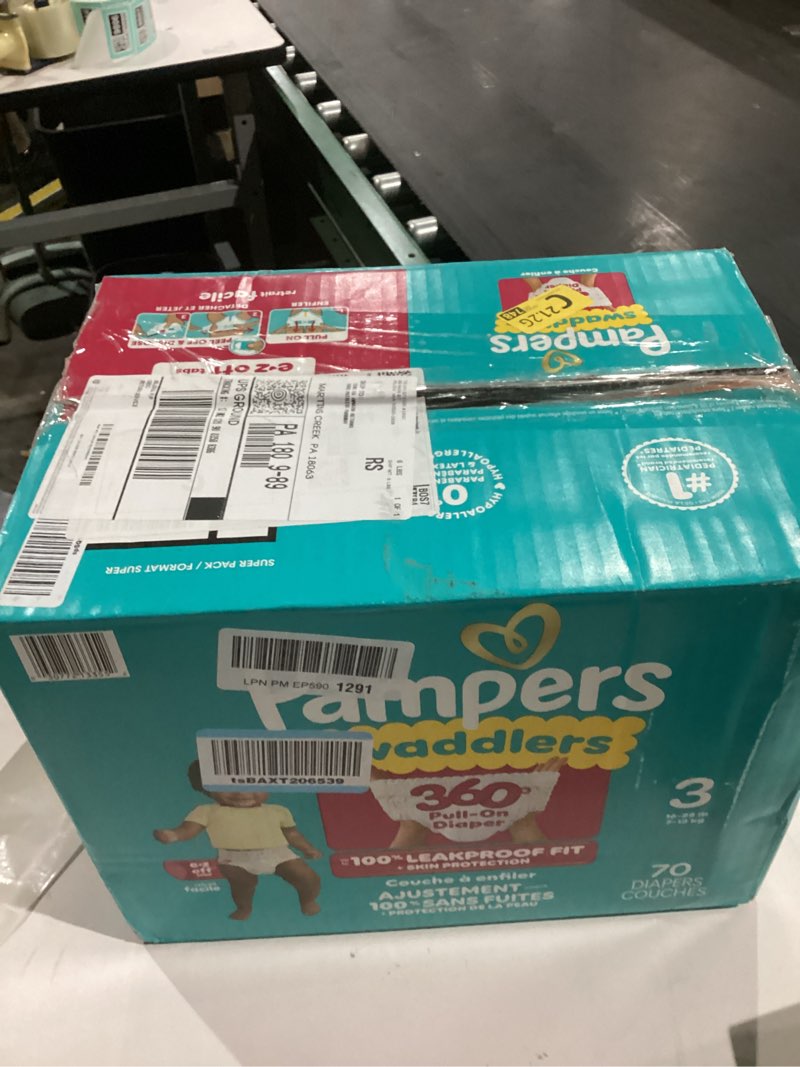 Condition photo showing New/Like New for Pampers Diapers - Swaddlers 360° - Size 3, 70 Count, up to 100% Leakproof Comfy Dry Fit, Designed for Easy Changes, Pull On Baby Diaper (Packaging May Vary) Size 3 70