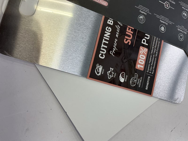 Condition photo showing Good Condition for Titanium Cutting Board, 100% Pure Titanium Cutting Boards for Kitchen, Double-sided titanium cutting boards,separate raw and cooked food areas,non-toxic,dishwasher safe 13”L × 8”W Sliver 13"L x 8"W