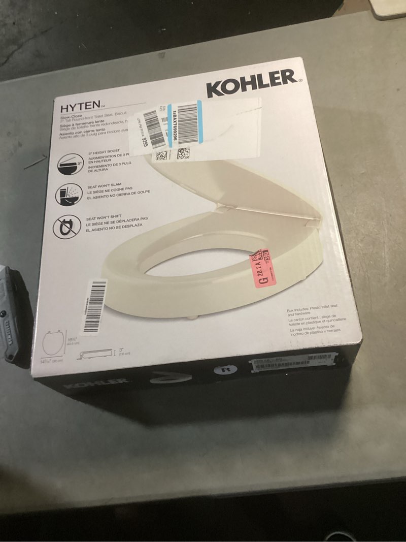 Condition photo showing New/Like New for kohler 25875-0 hyten 3" height, elevated soft close elongated toilet seat, contoured seat with grip-tight bumpers, quick-attach hardware, no slam toilet seat, white white elongated
