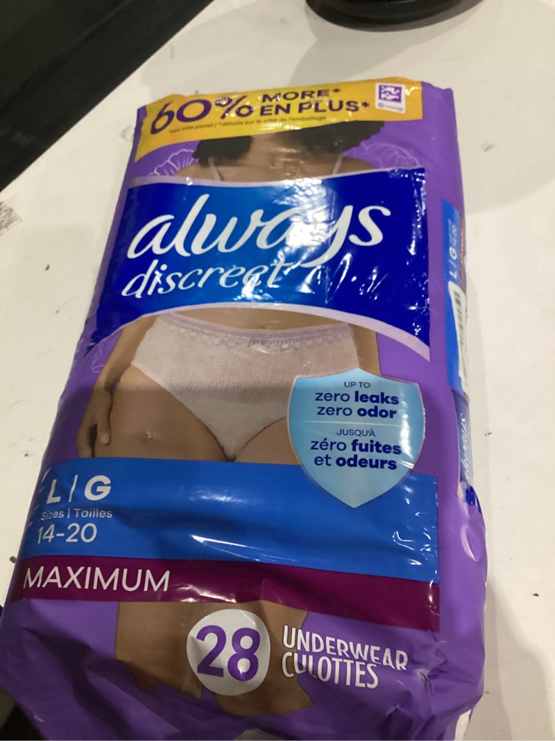 Condition photo showing Good Condition for always discreet adult incontinence underwear for women and postpartum underwear, large, up to 100% bladder leak protection, 28 count large 28